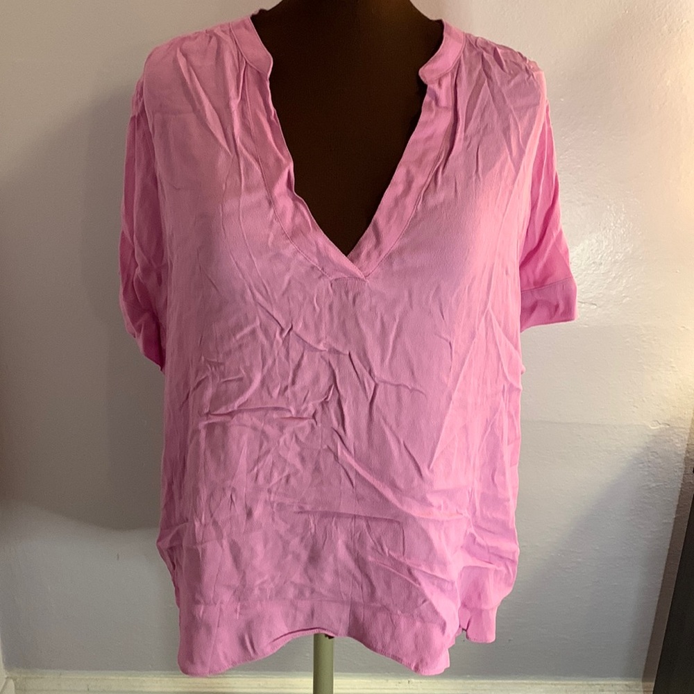J. Crew XL Short Sleeve Pink Blouse w/Low V Neck